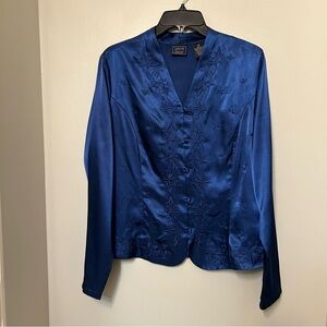 LAURA SCOTT Satin Long Sleeve Blouse Top w/ Embroidery & Beading Sz 14 Blue
